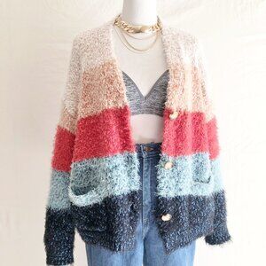 Shaggy Knit Cardigan Sweater Block Stripe Size M